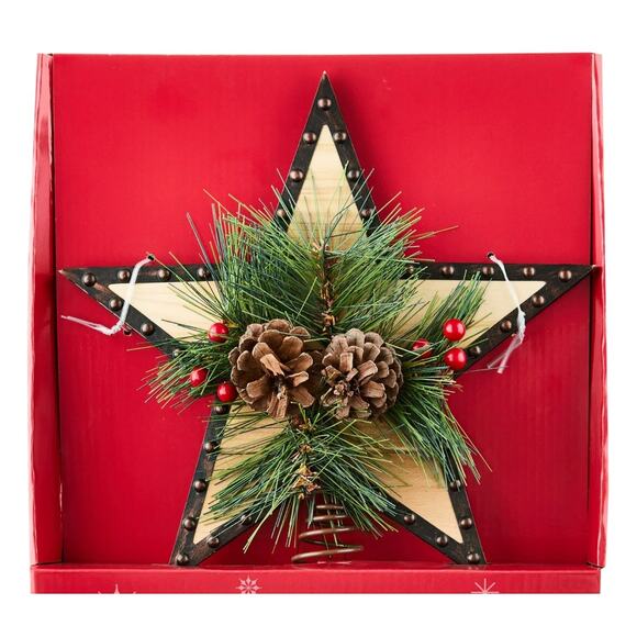 Rustic Wooden Metal Star Christmas Tree Topper 11" Pinecone Holly Holiday Decor - Picture 4 of 5